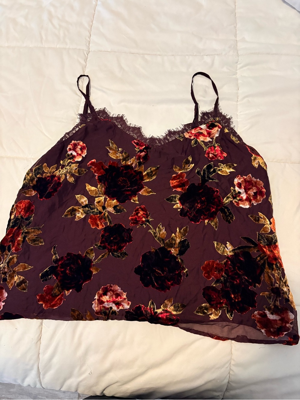 a.n.a Burgundy Floral Velvet-Print Lace Trim Cami